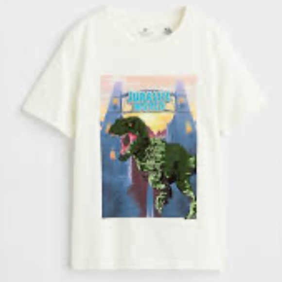 H&M EUC Sz 6-7 Kids White T-Shirt with Green Sequin Dinosaur - Picture 1 of 4
